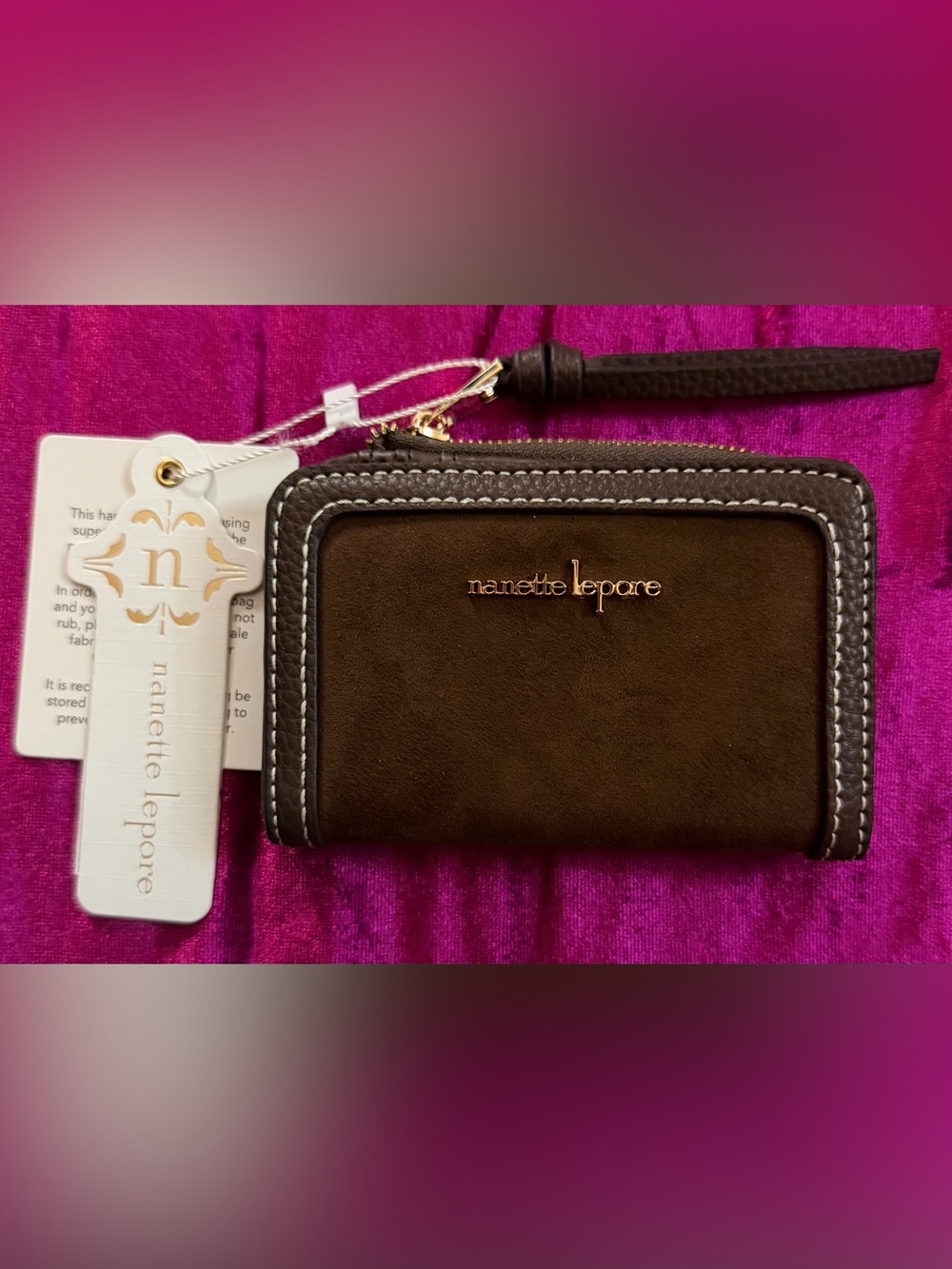 Nanette Lepore Brown Suede Wristlet Clutch with Gold Logo